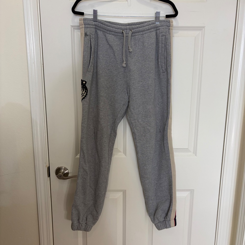 Gucci Mens Tiger Patch Logo Stripe Sweatpants Gray Joggers Made in Italy